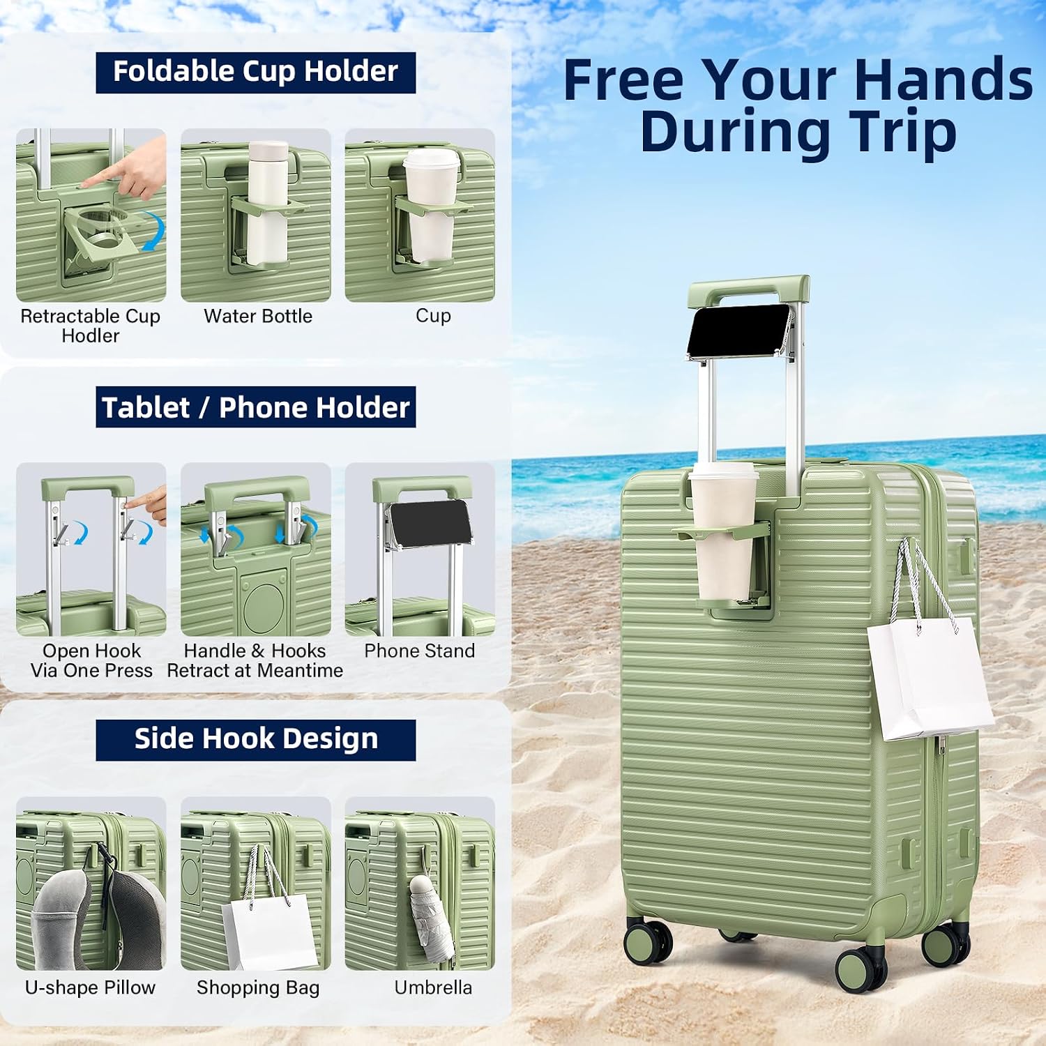 HanTrip Hard Shell Suitcases 24 Inch Check in Luggage with Spinner Wheels Cup Holder, Lightweight Top Opening Expandable Luggage Hard Case Rolling Medium Checked Suitcase with Lock, Bamboo Green
