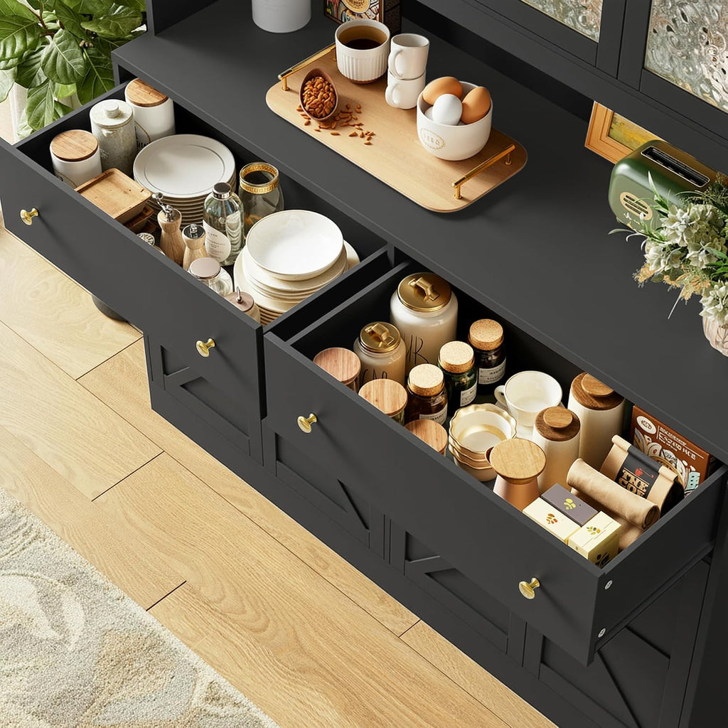 FINETONES 71' Pantry Cabinet with LED Light and Charging Station, Farmhouse Kitchen Pantry Cabinet with Microwave Stand, 47.2' Wide Kitchen Hutch Food Pantry with Open Countertop, Black