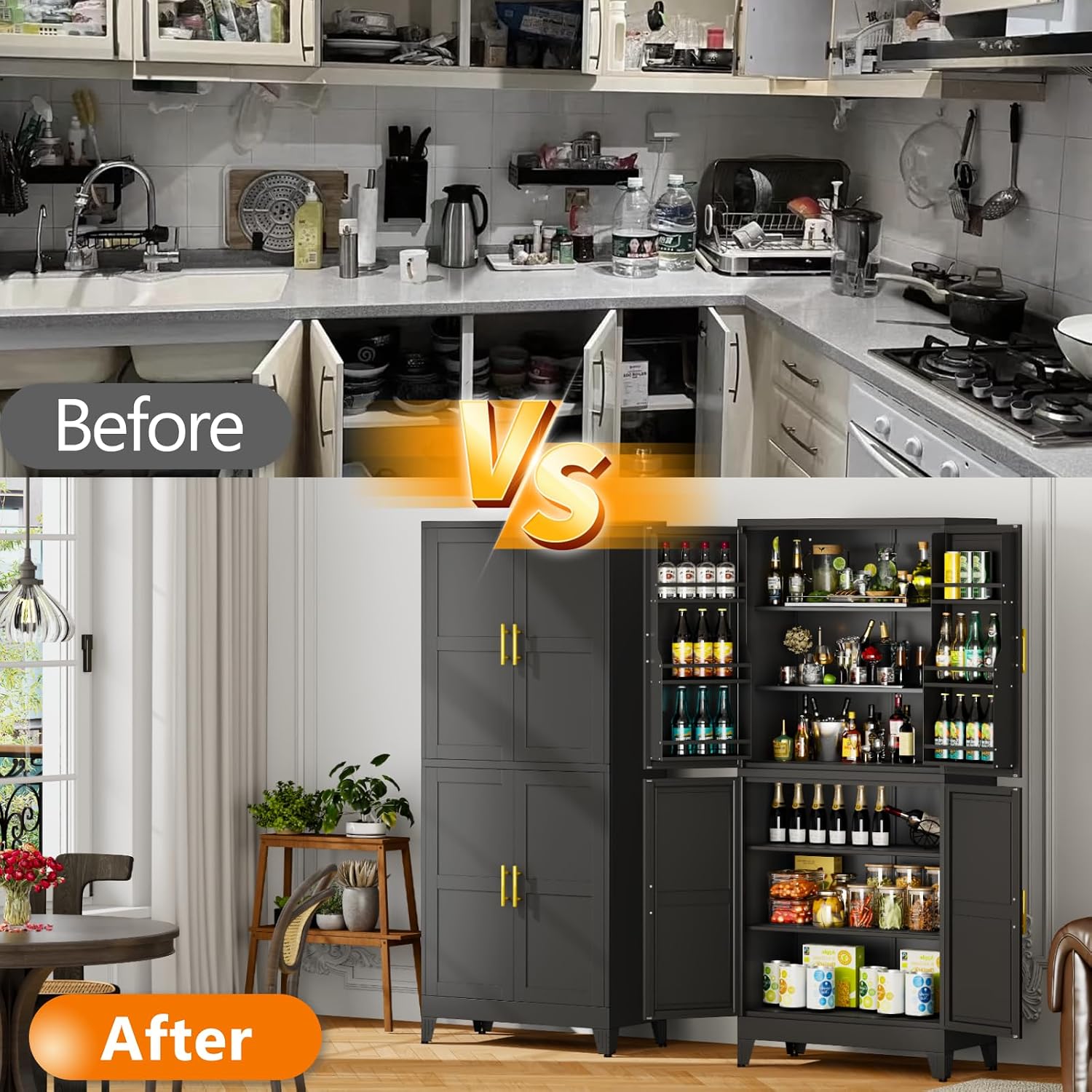 GAIOUS 74.8' Tall Metal Food Cabinet, Black Kitchen Pantry Cabinet, Storage Cabinets with 4 Door and 4 Adjustable Shelves, Steel Freestanding Cupboard for Kitchen Dining Room Living Room Bathroom