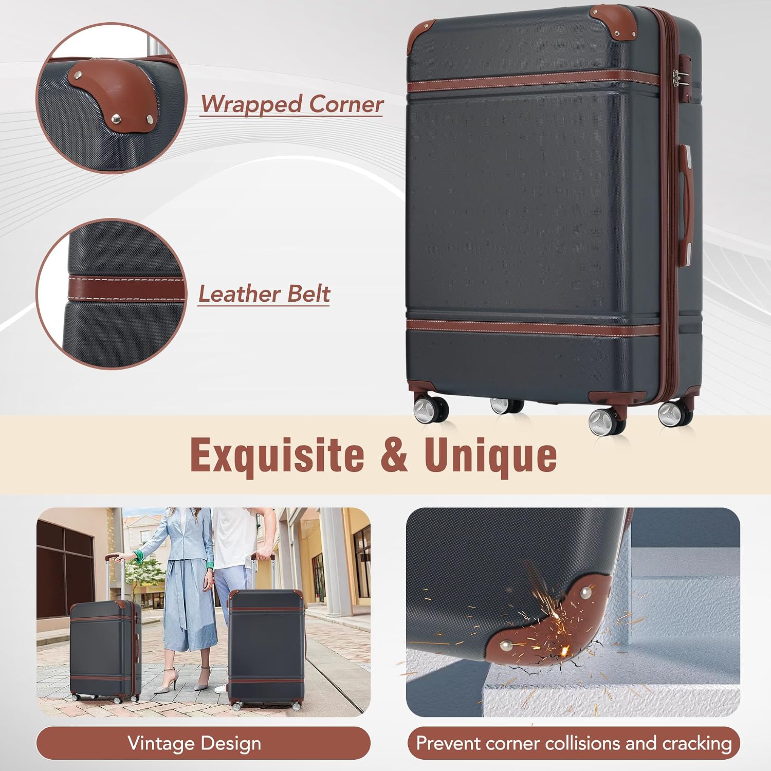 Merax Luggage Set 2 Piece Suitcase Set with Cosmetic Case Expandable Spinner Wheels Vintage Luggage Sets(Black,20'+28')
