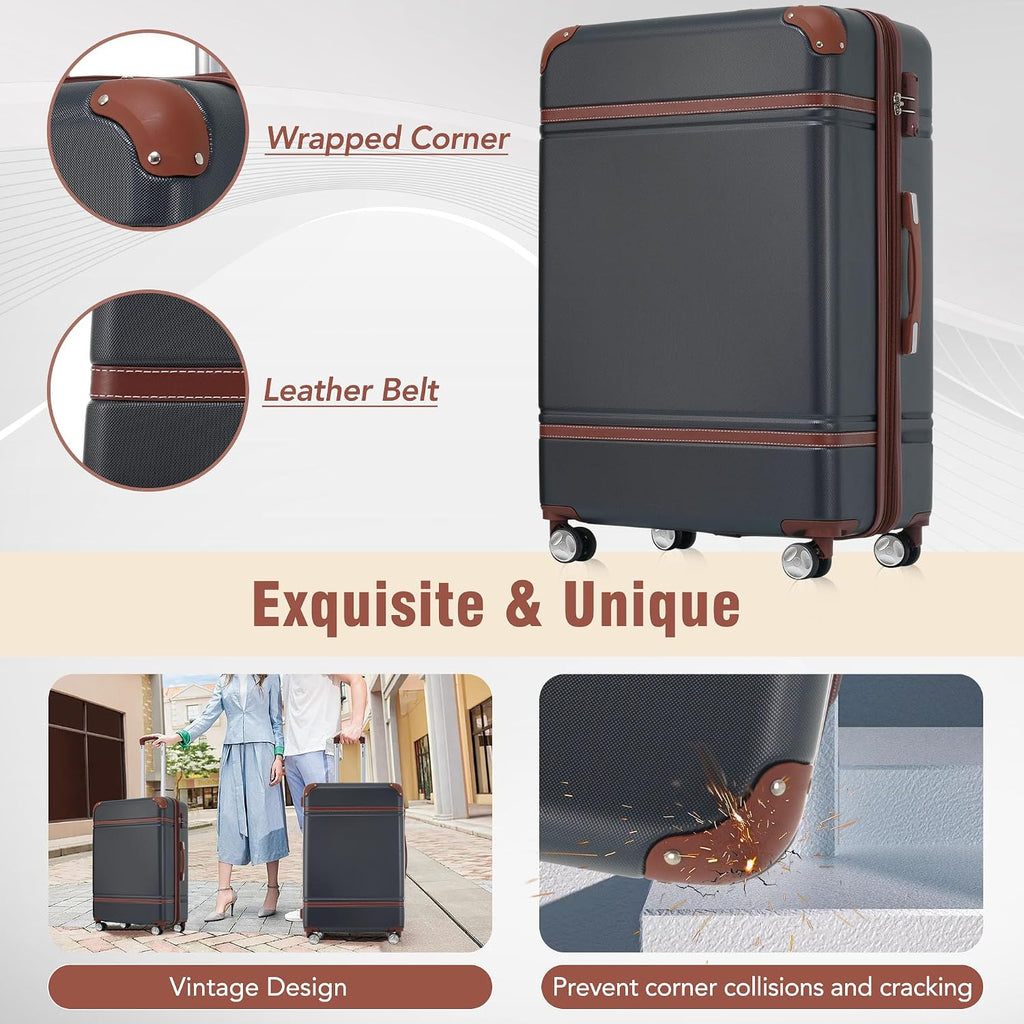Merax Luggage Set 3 Piece Suitcase Set with 1 Cosmetic Case Expandable Spinner Wheels Vintage Luggage Sets(Black,20'+24'+28')