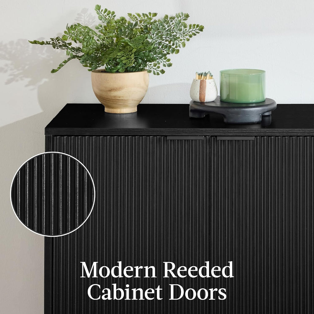 Best Choice Products 55' Modern 4-Door Sideboard Storage Cabinet, Buffet, Media Cabinet, Cupboard, Entryway Accent Table, Bookcase w/Reed Panels and Adjustable Shelves - Black