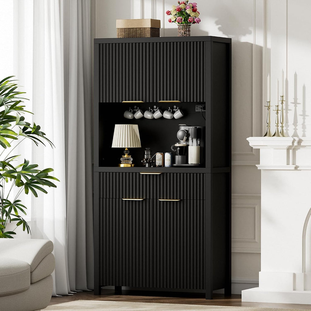 Lulive 71' Fluted Pantry Cabinet with Charging Station, Black | Adjustable Shelves, Open Countertop, Drawer, Spacious Kitchen Storage