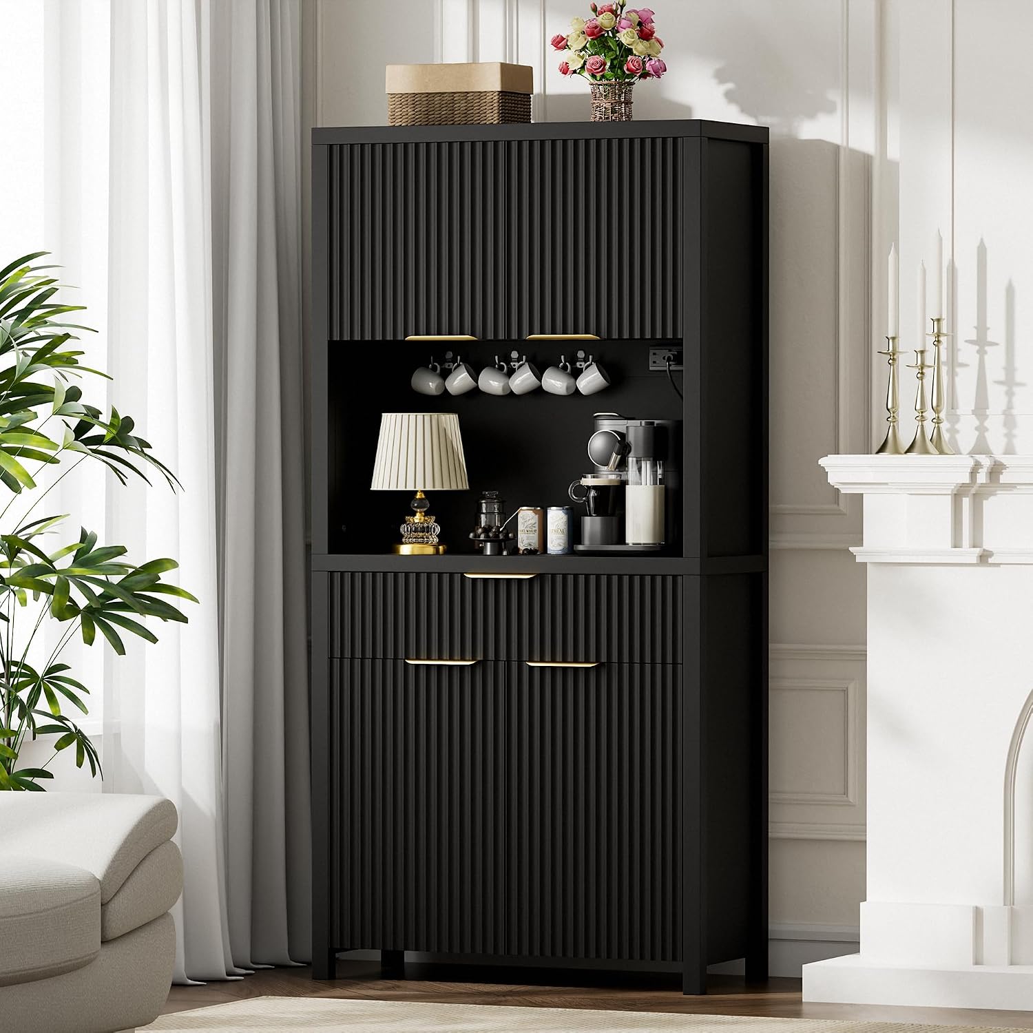 Lulive 71' Fluted Pantry Cabinet with Charging Station, Black | Adjustable Shelves, Open Countertop, Drawer, Spacious Kitchen Storage