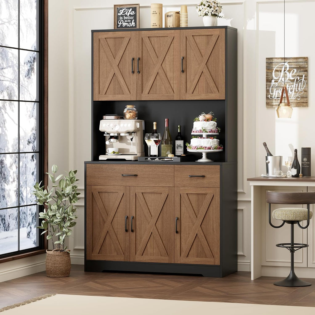 HOSTACK 71' Pantry Cabinet with Charging Station, Tall Kitchen Pantry Storage Cabinet with Microwave Stand, Farmhouse Kitchen Hutch with Storage Drawers for Living Room, Dining Room, Brown/Black