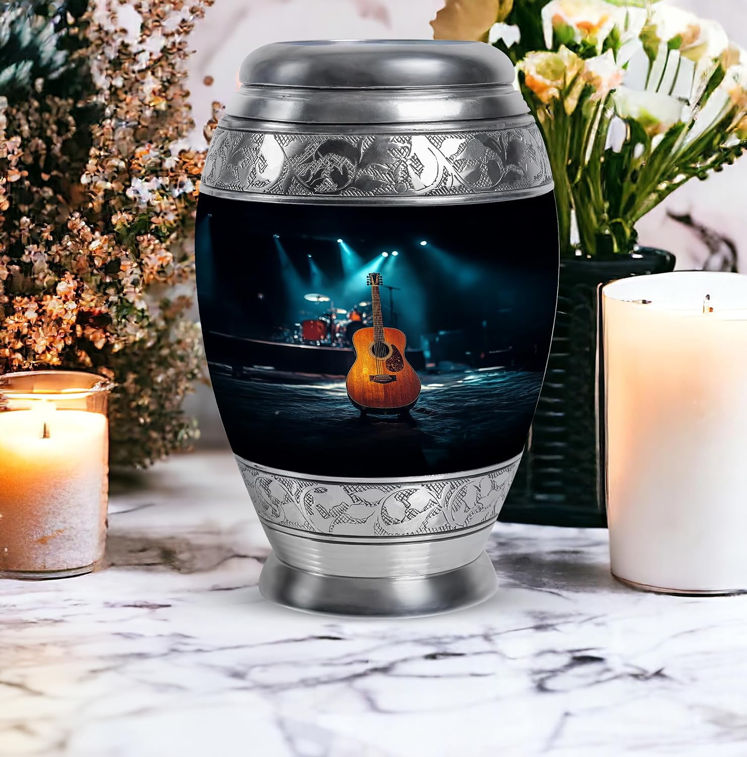 Guitar Urn - Memorial Urn - Secure Lid - Burial Urns - Urns for Adult Male Small - Hand Engraved - 10 inch