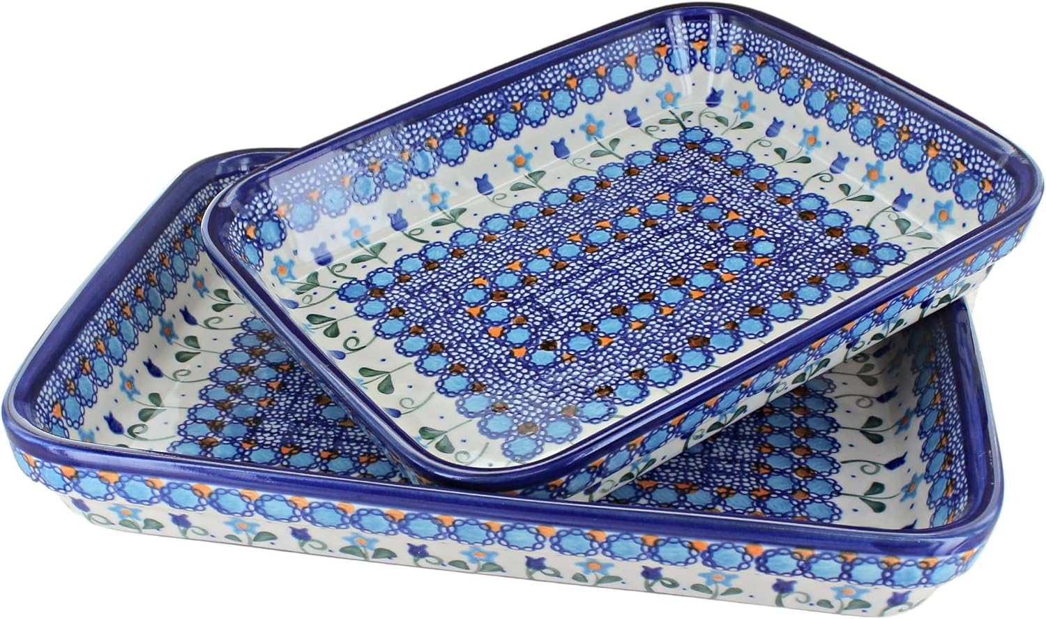 Blue Rose Polish Pottery - Blue Savannah Rectangular Baker Set - 2 Bakers - Unique, Dishwasher Safe, & Durable Bakeware