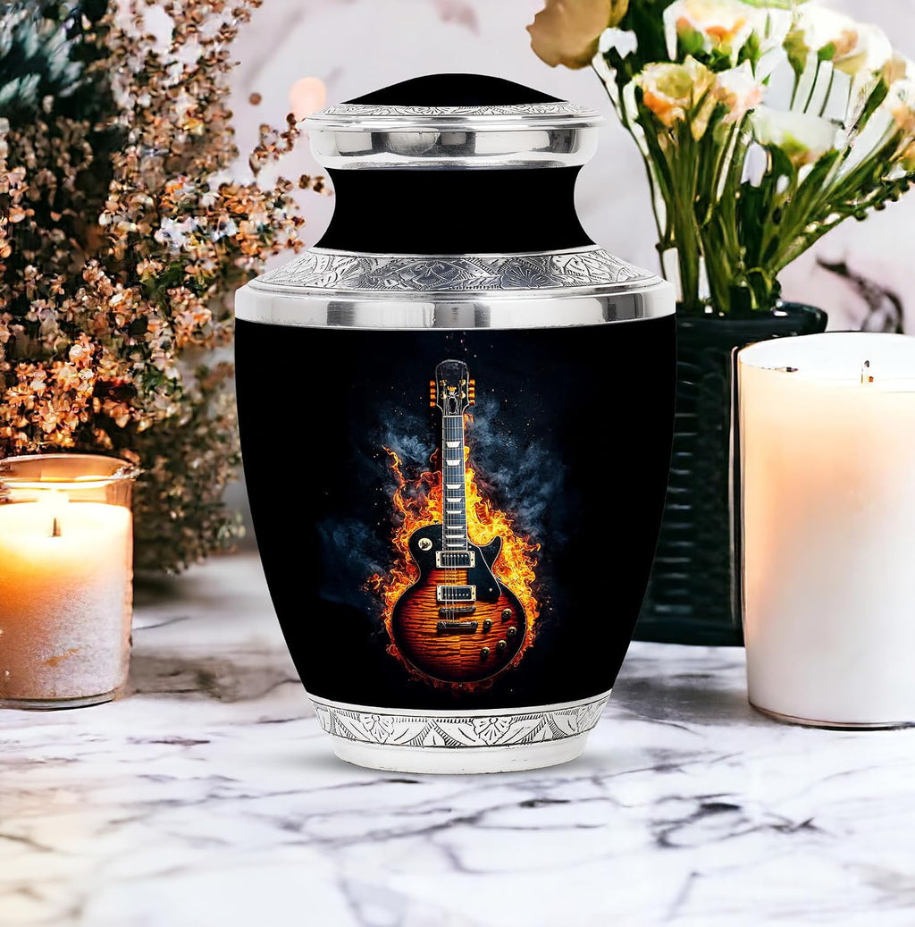 Guitar Urn for Ashes Adult Male & Female - Urns for Ashes - Funeral Memorial Set - Small Urns - Companion Urn - Hand Engraved - Combo of 10 Inch & 3 Inch