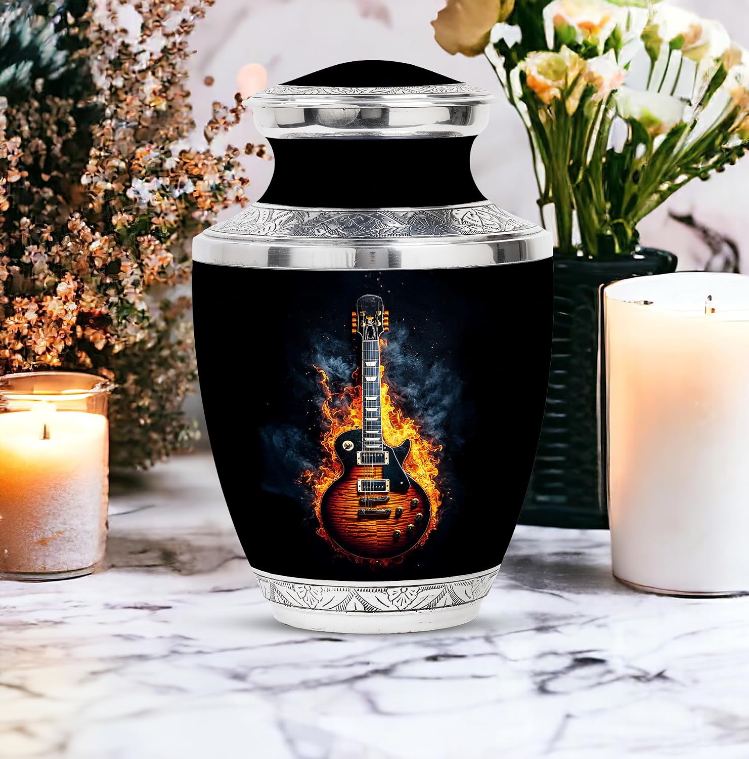 Guitar Urn for Ashes Adult Male & Female - Urns for Ashes - Funeral Memorial Set - Small Urns - Companion Urn - Hand Engraved - Combo of 10 Inch & 3 Inch