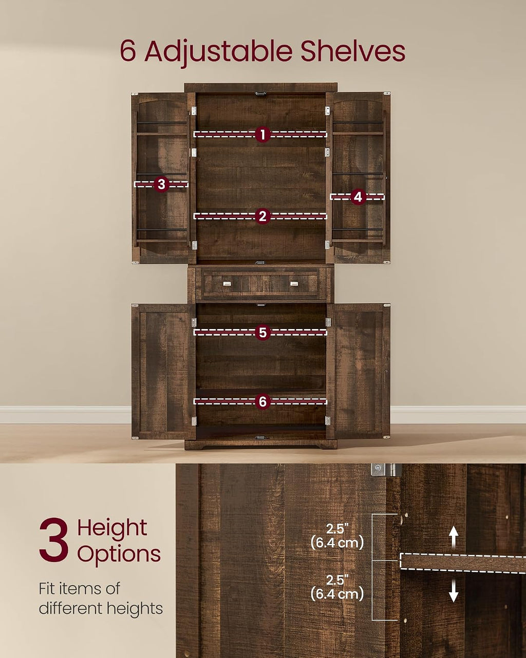 VASAGLE Pantry Cabinet, 15.7 x 30 x 71.7 Inches, Freestanding Tall Cupboard Storage Cabinet with a Drawer, 2 Cabinets, 6 Adjustable Shelves, for Living Room, Kitchen, Deep Brown UBBK561K01