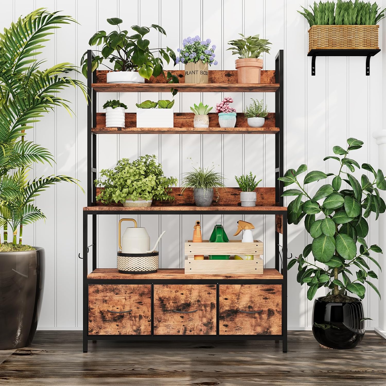 GAOMON 63.4in Bakers Rack with Charging Station, 5-Tier Standing Kitchen Industrial Microwave Oven Stand with Storage Cabinet and 10 Hooks, Rustic Brown