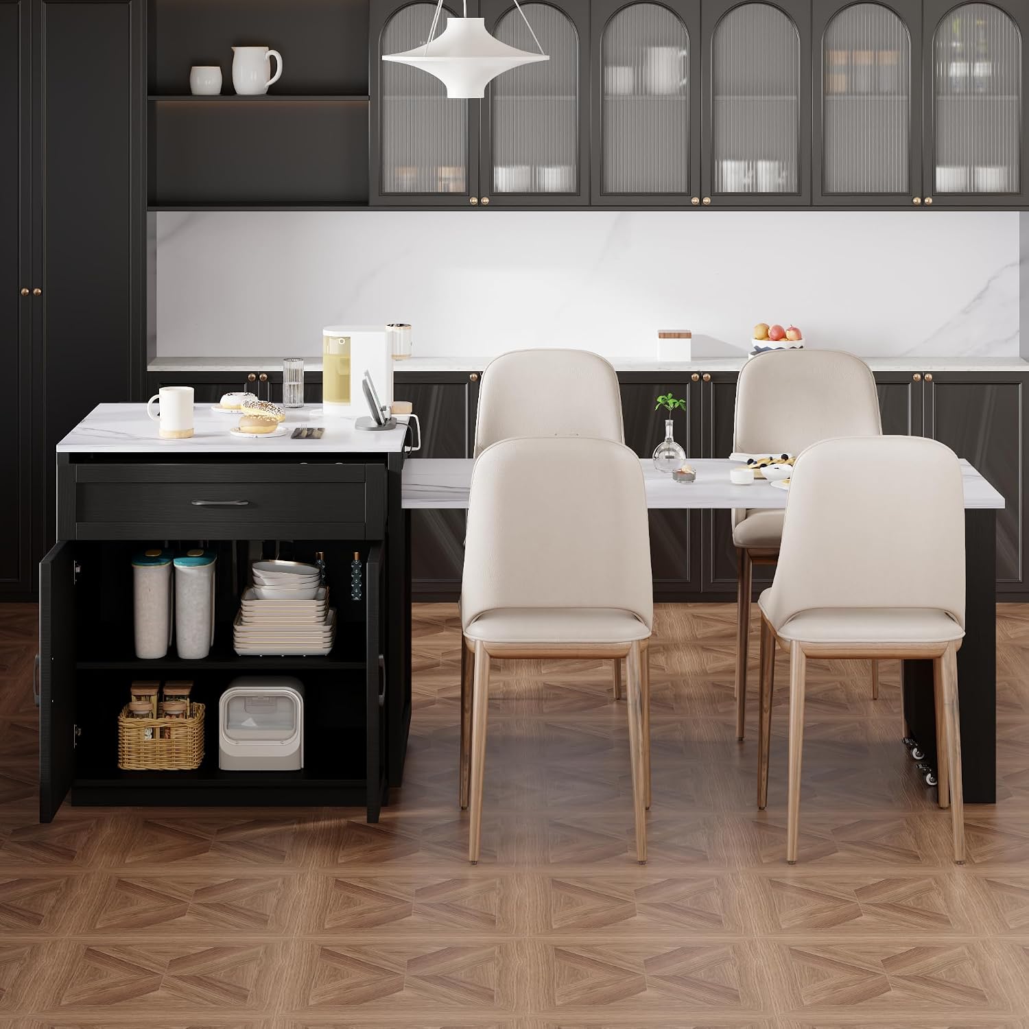 82.7 inches Kitchen Island with Extendable Table, Faux Mable Table with Double-Sized Storage, Power Outlet, 2 Drawers, 2 Side Open Shelves for Kitchen, Dining Room for 4-6 Person, Black