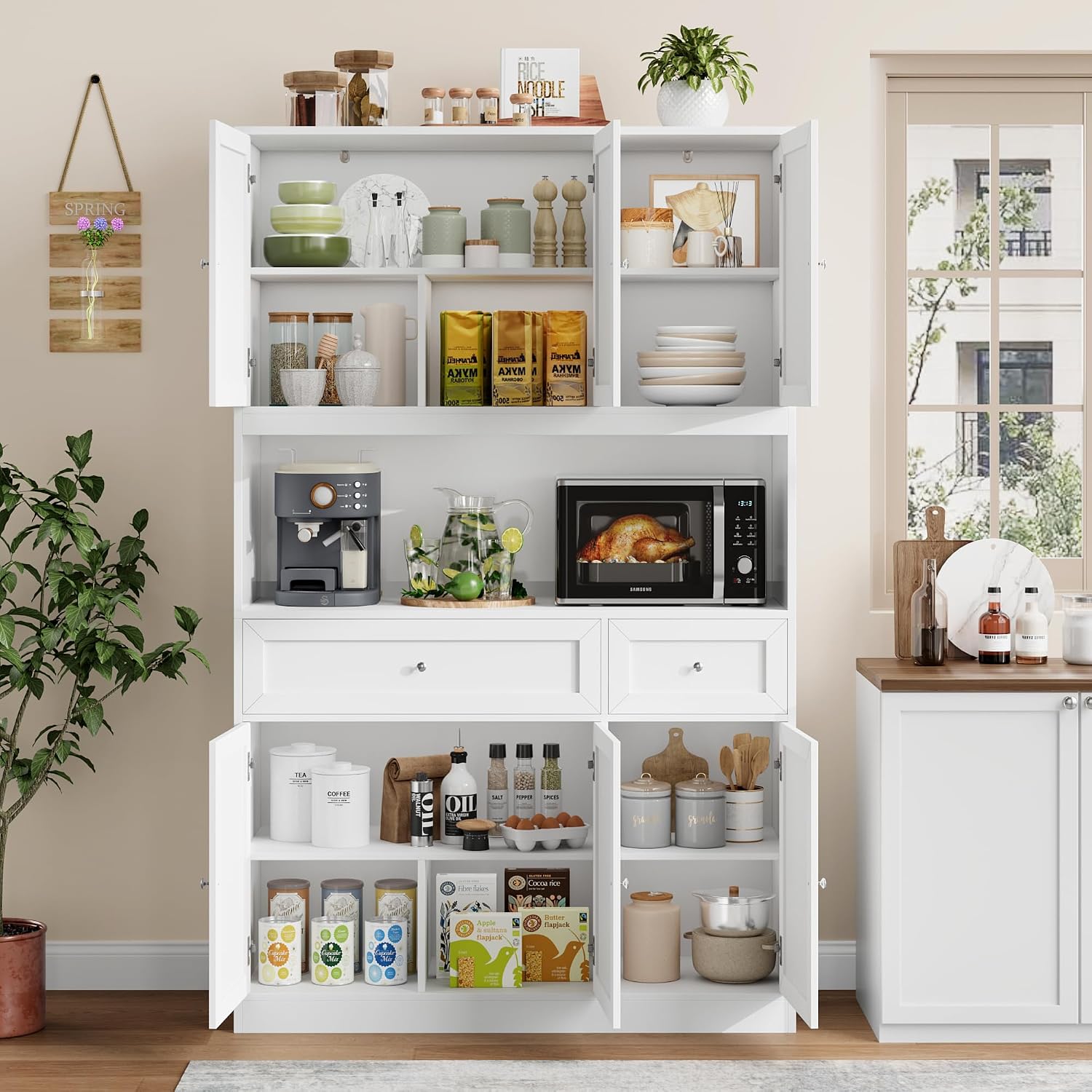 BOTLOG 72' Kitchen Pantry Cabinet, Kitchen Hutch with Microwave Stand, Buffet Cabinet with Hutch for Dining Room, White