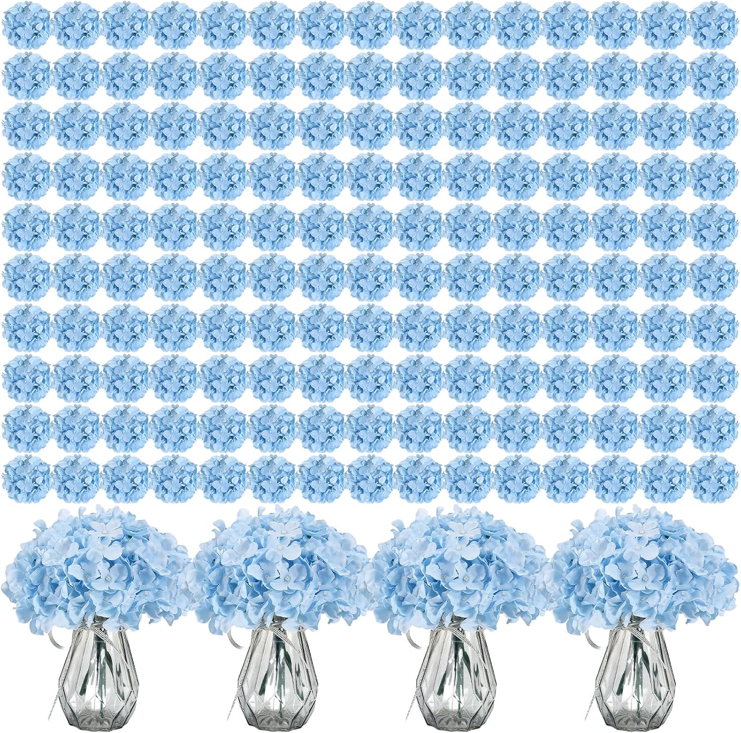 Auihiay 404PCS Hydrangea Artificial Flowers, Silk Artificial Flowers Heads with Stems, Blue Lifelike Faux Flowers for Wedding Centerpieces, Arch and Background, Party, Home, Baby Shower Decor