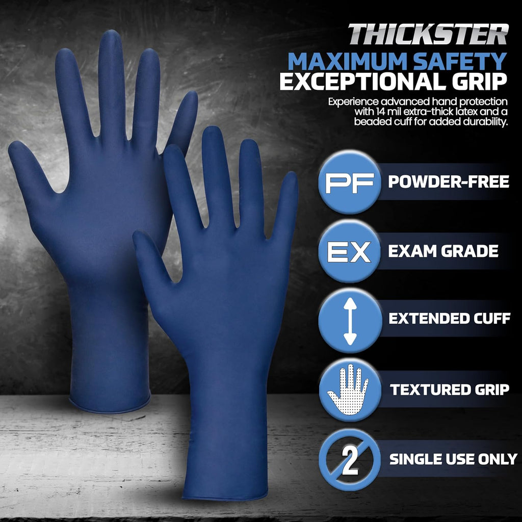 SAS Thickster Powder-Free Exam Grade Latex Disposable Gloves - 10 Boxes / 50 Ea. 500 Gloves Total. 14 Mil, Large, Blue. Fully Textured. 12' Length. Disposable Gloves. Puncture Resistant (6603-20)