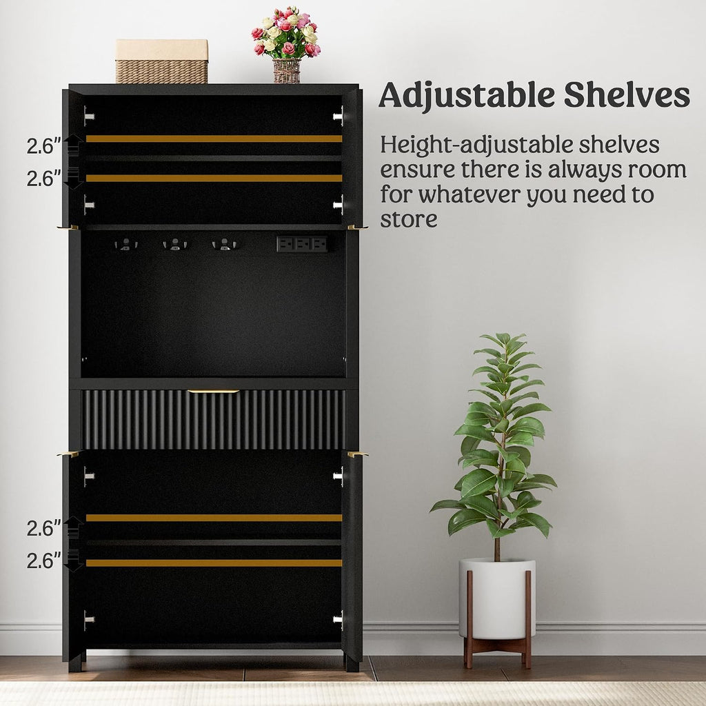 Lulive 71' Fluted Pantry Cabinet with Charging Station, Black | Adjustable Shelves, Open Countertop, Drawer, Spacious Kitchen Storage