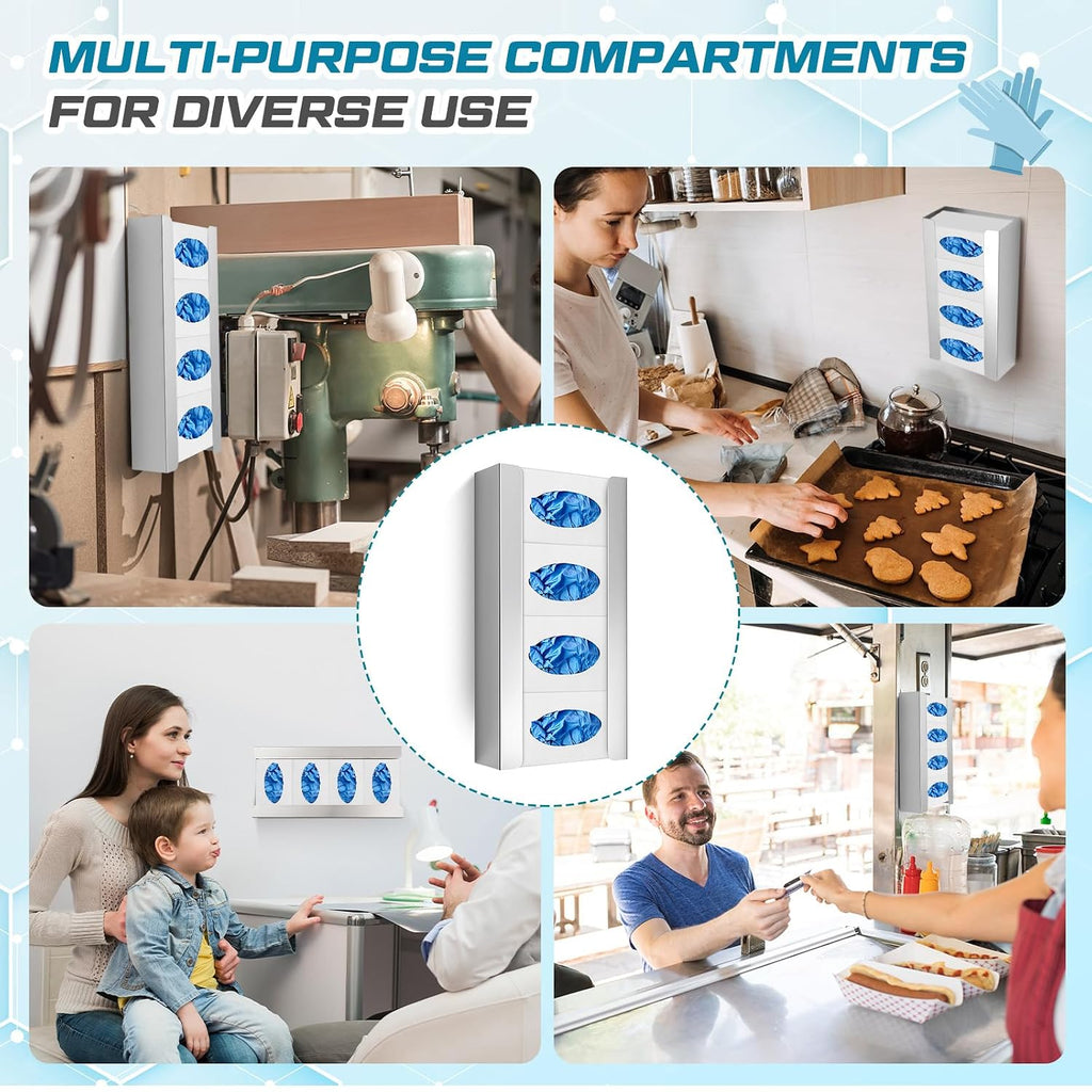 Blulu 4 Pack Stainless Steel Glove Box Holder Wall Mount 10' x 21' x 3.5' Dispenser Station for 4 Tissue Boxes Disposable Rubber Glove Face Masks Medical Organizer for Hospital, Labs