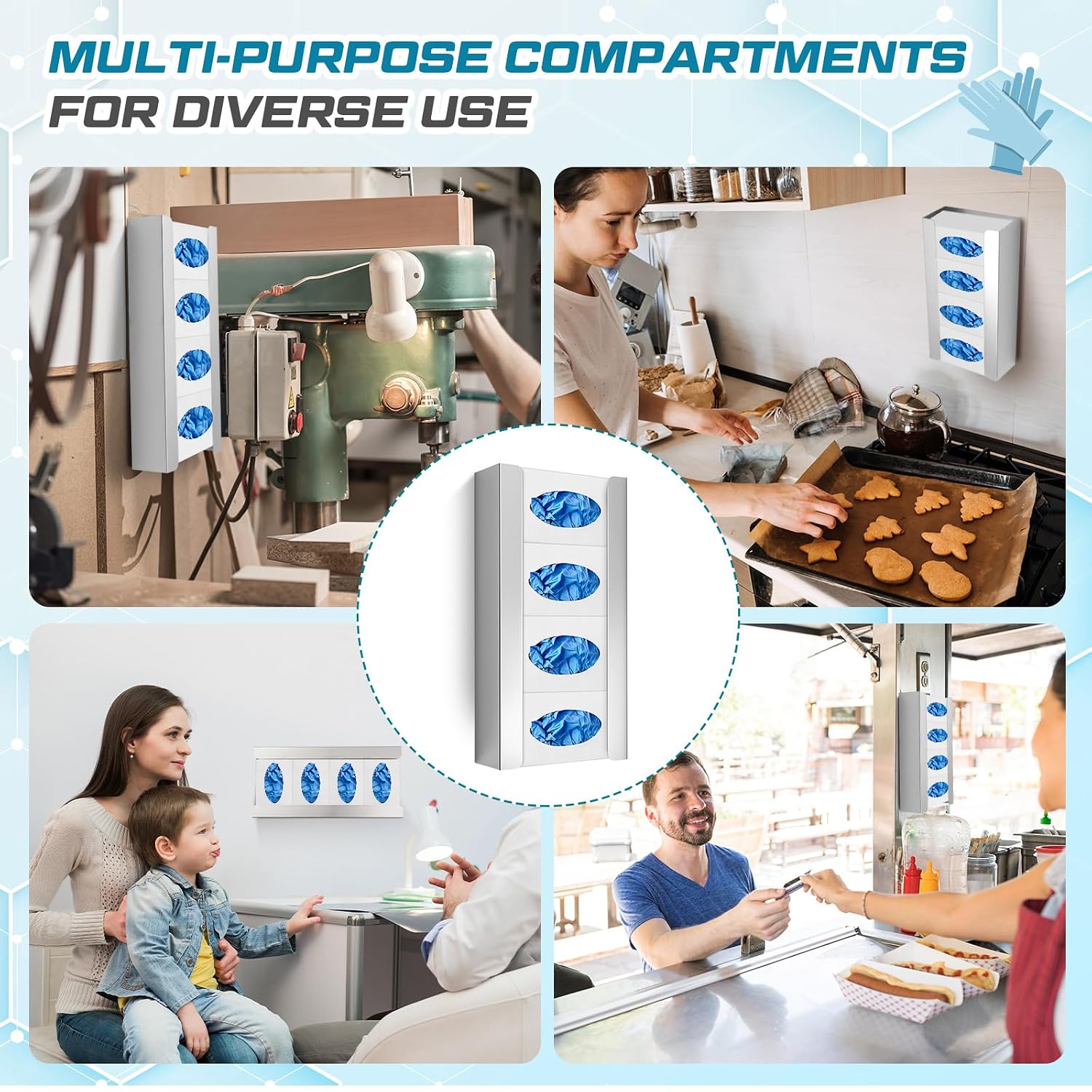 Blulu 4 Pack Stainless Steel Glove Box Holder Wall Mount 10' x 21' x 3.5' Dispenser Station for 4 Tissue Boxes Disposable Rubber Glove Face Masks Medical Organizer for Hospital, Labs