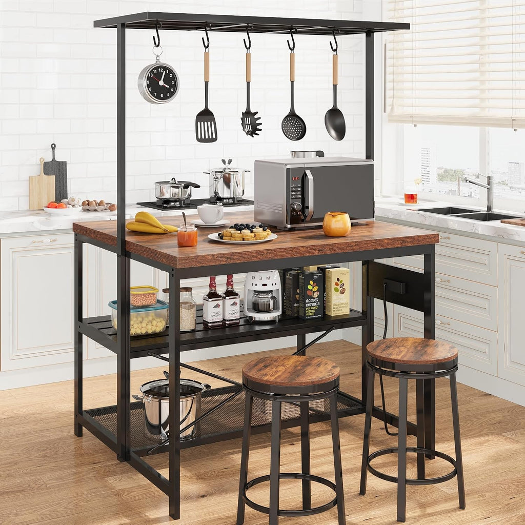 3-Tier Kitchen Island with Power Outlet & Storage Shelves – Industrial Bakers Rack – Microwave Stand with Hooks – Mobile Kitchen Cart Table – Perfect for Dining & Living Room