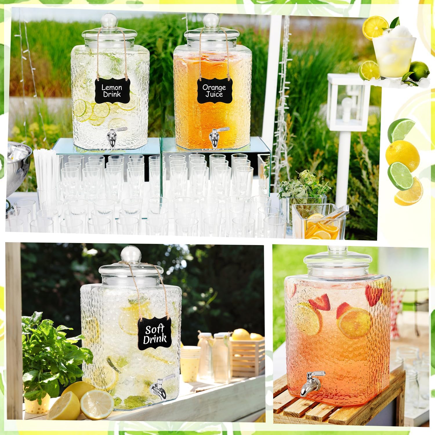 2 Pack 4.6 Gallon Glass Water Dispenser with Lids Stainless Steel Spigot Hammered Clear Drink Beverage Dispenser Water Jug Container for Lemonade Water Juice Iced Tea Party Wedding Kitchen