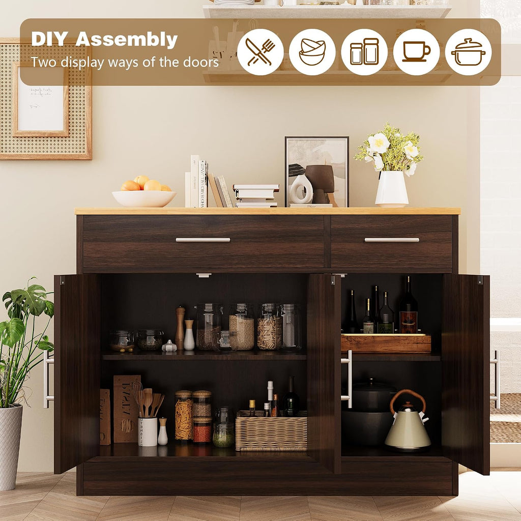 Vongrasig Sideboard Buffet Cabinet with Storage, 43' Farmhouse Coffee Bar Storage Cabinet with Drawers and Shelves, Modern Buffet Table for Kitchen, Dining Room, Rustic Brown