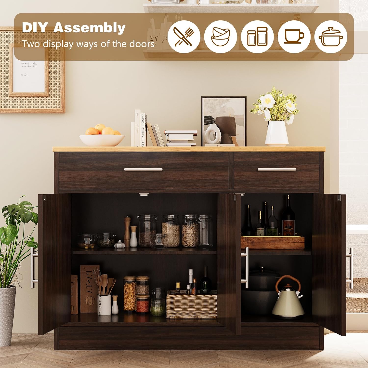 Vongrasig Sideboard Buffet Cabinet with Storage, 43' Farmhouse Coffee Bar Storage Cabinet with Drawers and Shelves, Modern Buffet Table for Kitchen, Dining Room, Rustic Brown
