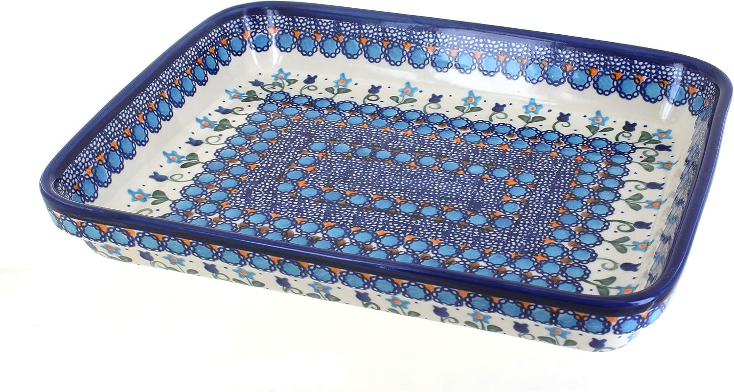 Blue Rose Polish Pottery - Blue Savannah Medium Rectangular Baker - 12' x 9.25' - Unique, Dishwasher Safe, & Durable Bakeware