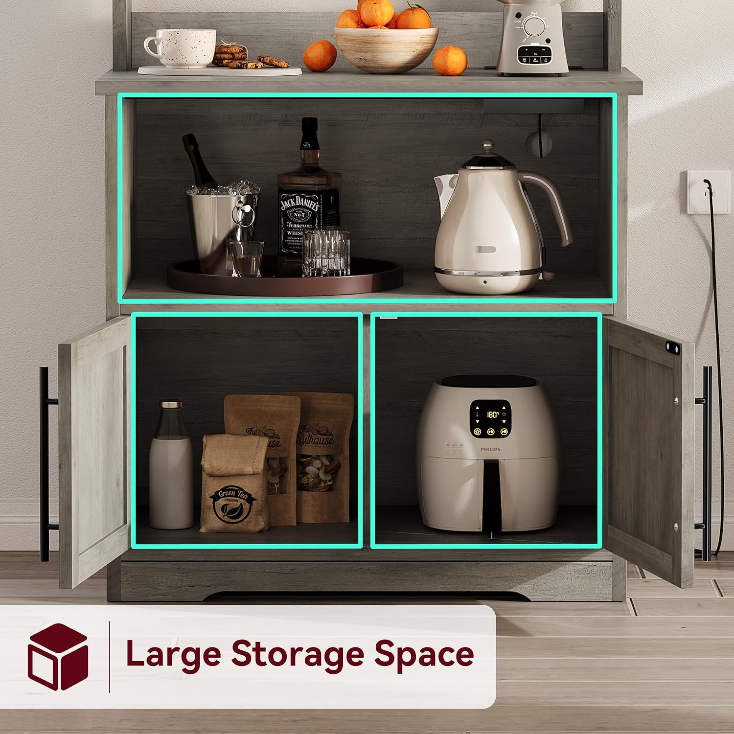 Bakers Rack with Storage Cabinet, Farmhouse Microwave Stand with Power Outlets, Small Kitchen Bakers Rack with Thick Table Top, Coffee Bar Station for Dining Room, Retro Gray