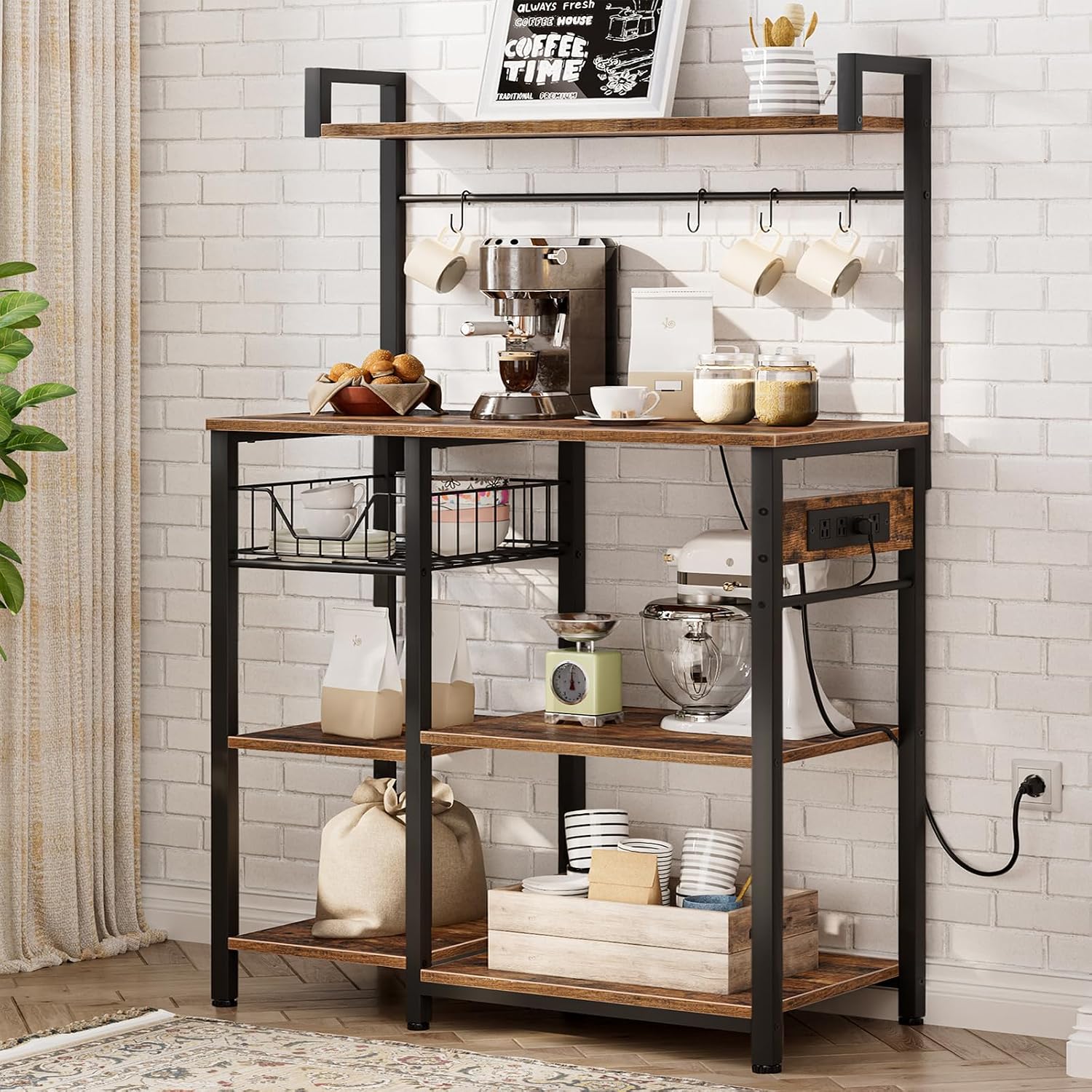 HOOBRO Bakers Rack with Power Outlet and Large Microwave stand with Power Outlets, 35.4 In Coffee Bar with Mesh Basket, Kitchen Shelf with Wire Basket, Rustic Brown and Black BF05HB01-BF64UHB01