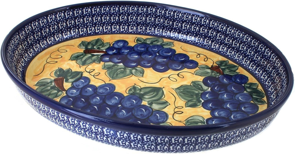 Blue Rose Polish Pottery - Blue Grapes Large Oval Baker - 14' x 10.25' - Unique, Dishwasher Safe, & Durable Bakeware