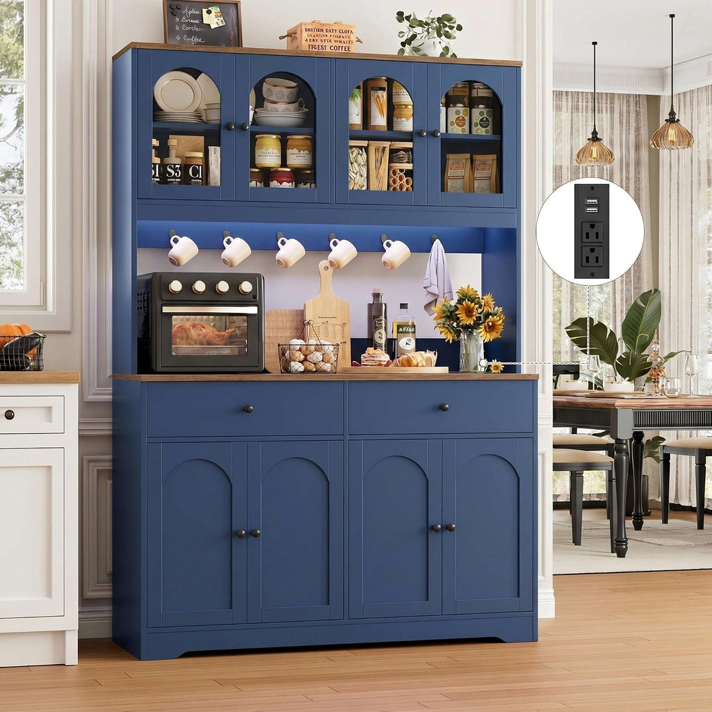HIFIT 71' LED Kitchen Pantry Cabinet with Power Outlet, Large Kitchen Hutch Cabinet with 2 Storage Drawers & Arched Door, Countertop & Hooks, Tall China Bar for Dining Living Room (Blue)