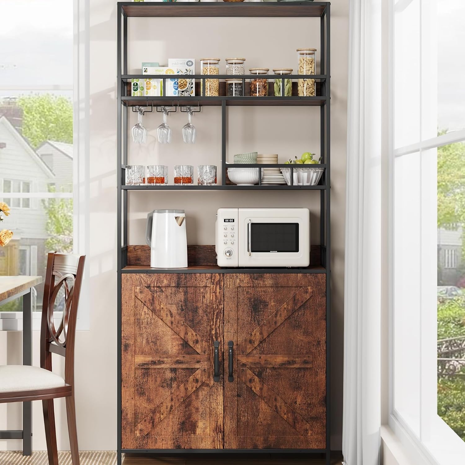 70.8' Coffee Bar Cabinet with Storage, Large Bakers Rack with Power Outlet & Goblet Holder, 5-Tier Kitchen Microwave Stand for Small Spaces, Corner Wine Rack (Rustic Brown)