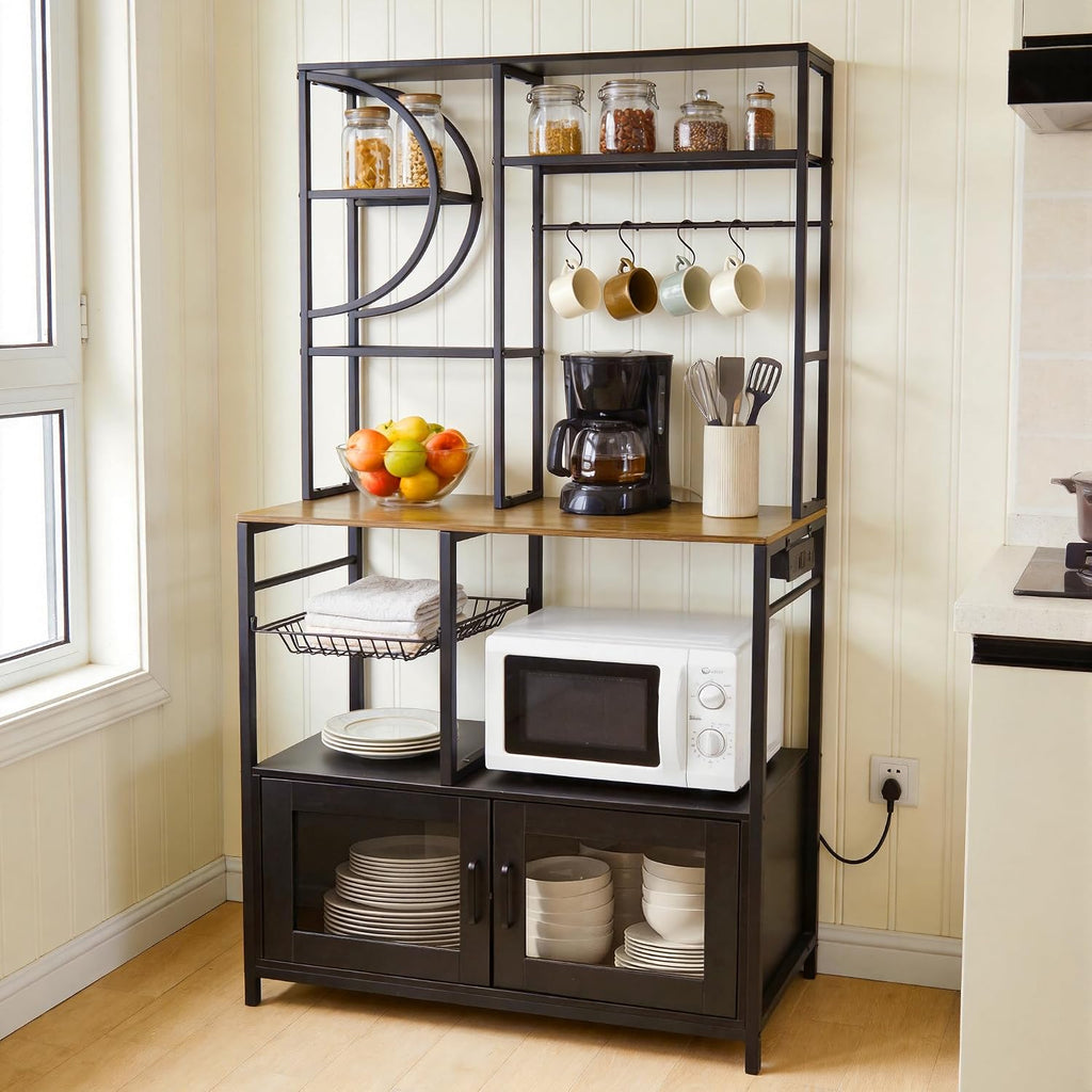 Uieke Bakers Rack with Power Outlet and Storage, Kitchen Bakers Rack with Cabinet & 10 Hooks, Coffee Bar Cabinet, Microwave Stand, 5 Tiers Kitchen Storage Rack for Dining Room & Small Spaces, Black