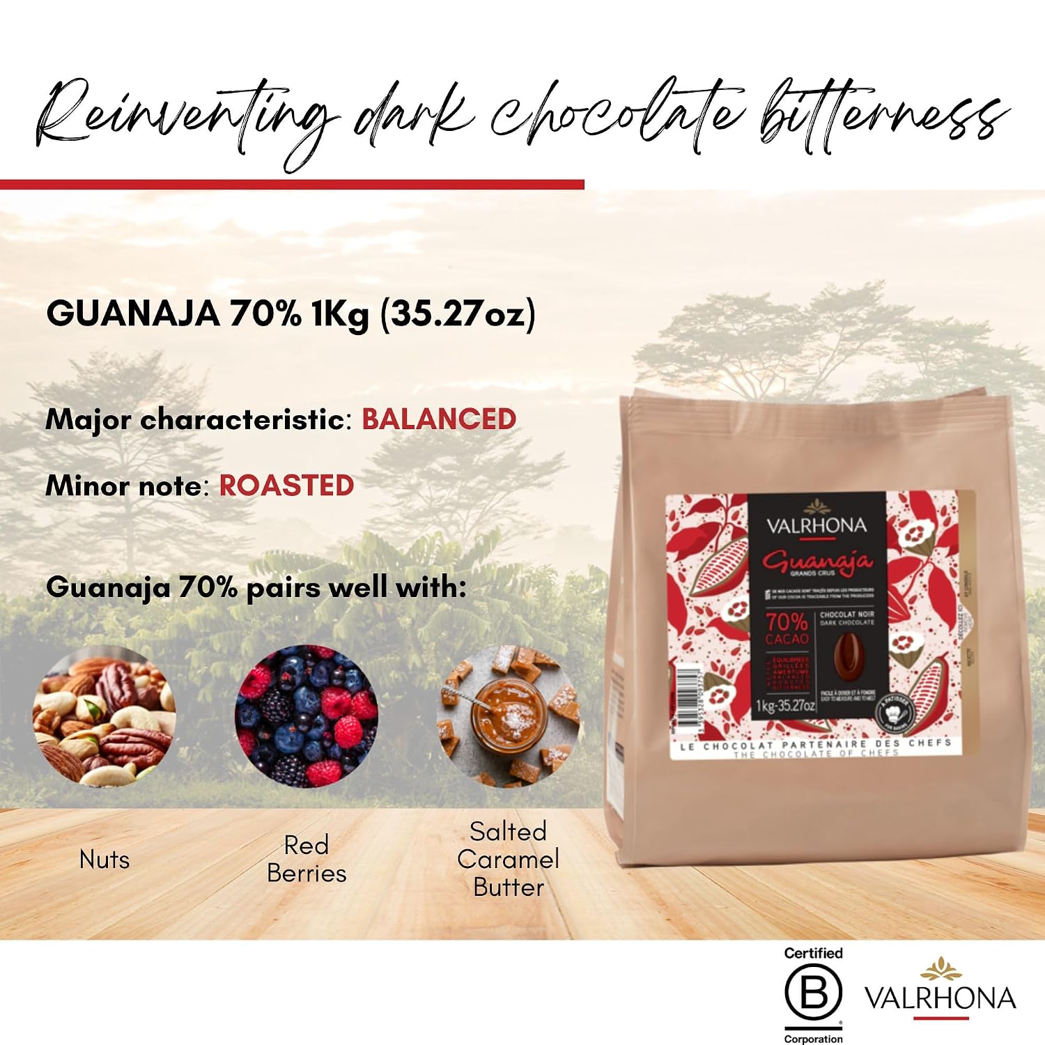 Valrhona Premium French Baking Dark Chocolate Discs (Feves). Classic GUANAJA 70% Cacao. Easy Melt. Easy to chop. Intense & Smooth with Bitter Notes. Sauces, Cakes, Mousses, Frostings 1kg (Pack of 1)