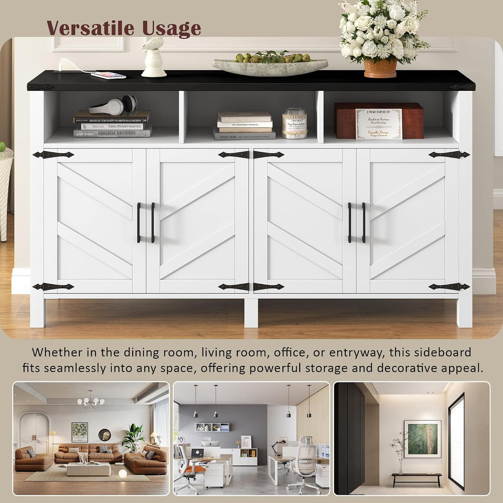 59' Modern Freestanding Storage Cabinet, Kitchen Storage Bakers Rack with Power Outlets, Utility Food Cupboard with Adjustable Shelves for Dining Room Living Room, White+Black