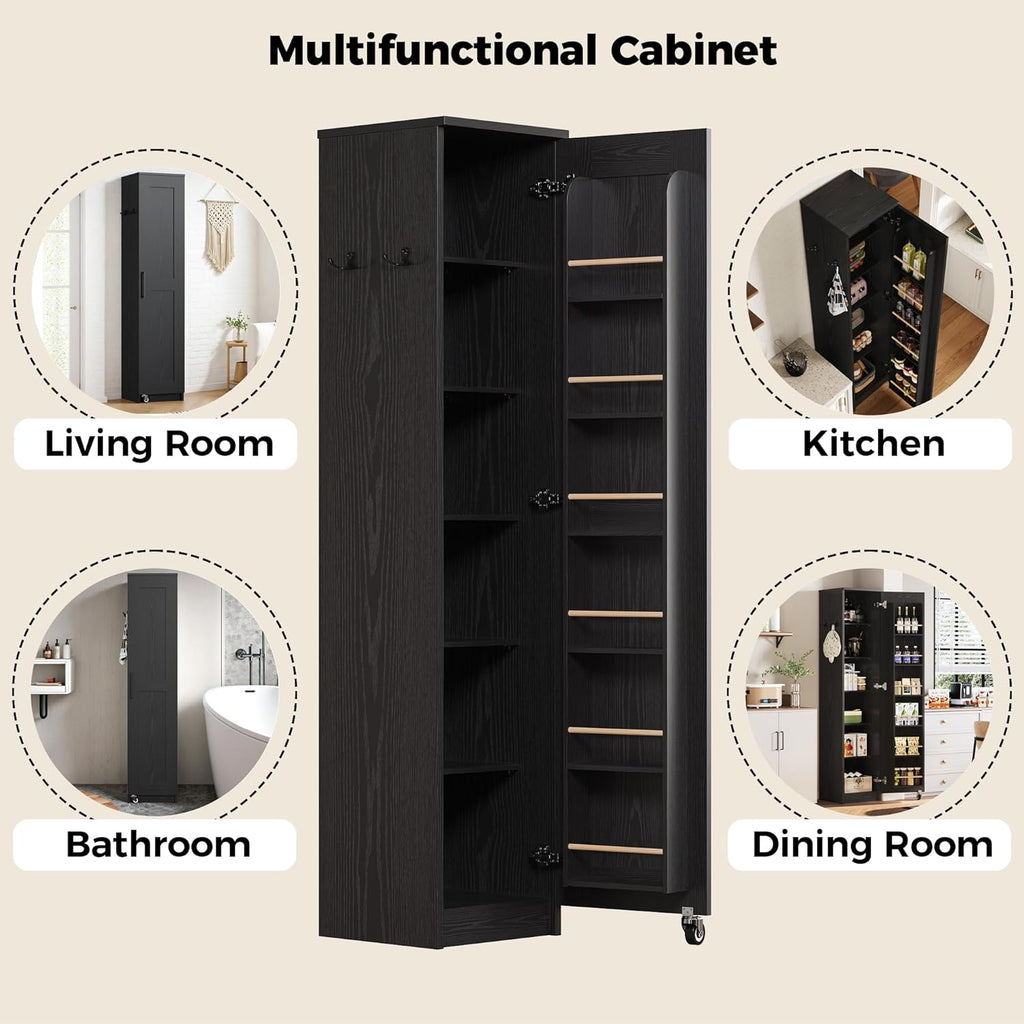 IRONCK Narrow Kitchen Pantry Storage Cabinet, 72' Slim Single Door with 6 Adjustable Shelves, Door Rack and Wheels, Space Saving Freestanding Storage Floor Cabinet for Small Place, Black