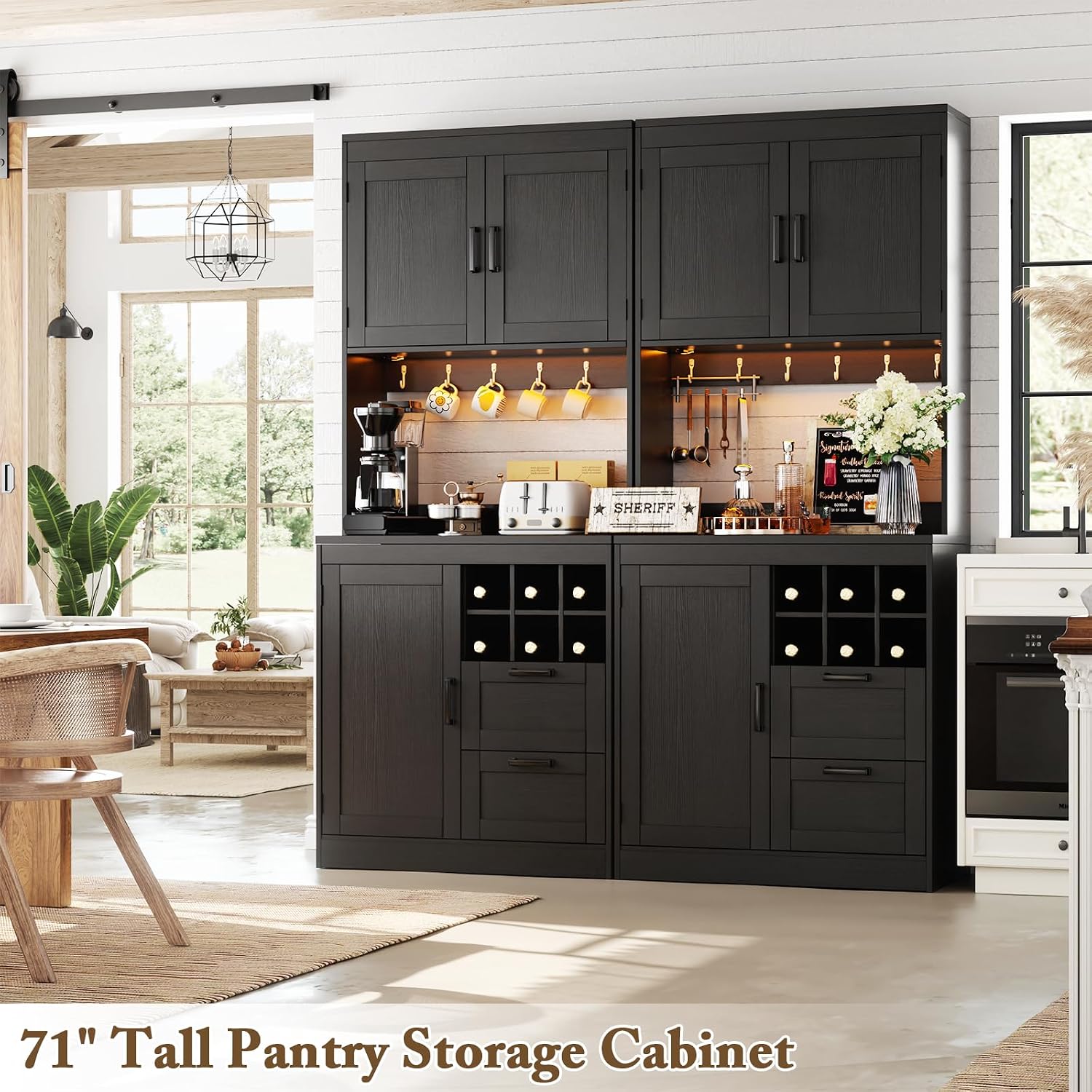 Unikito 72' Tall Pantry Cabinet, Kitchen Pantry Storage Cabinet with LED Light & Outlet, 63' Wide Kitchen Hutch Bar with Microwave Stand, Drawers, Wine Rack & Shelves, Cupboard for Dining Room, Black