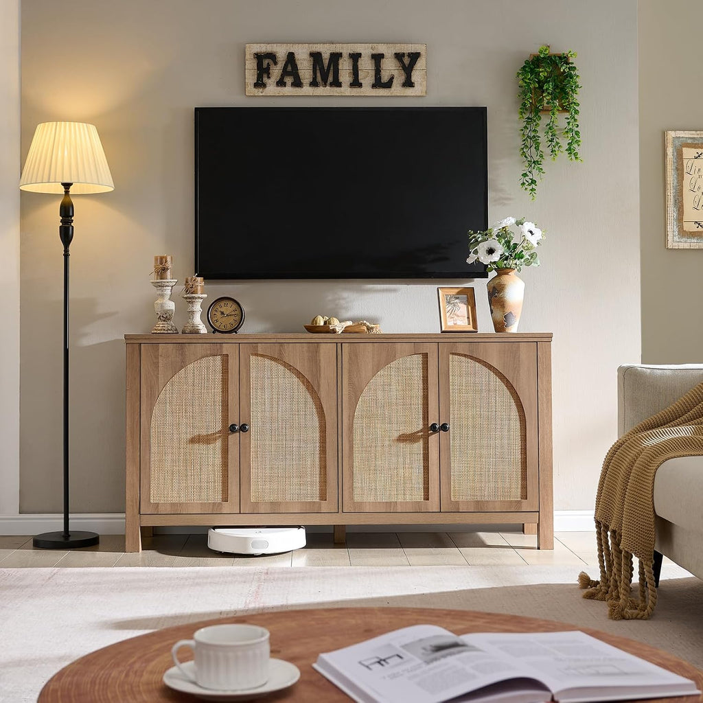 Okvnbjk Rattan Buffet Cabinet with Storage - 4 Soft-Close Doors Sideboard for Dining Room & Living Room, Coffee Bar Cabinet with Adjustable Shelves