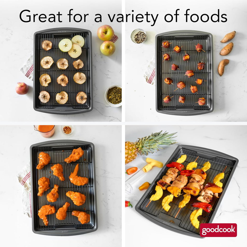 GoodCook 15' x 10.5' Nonstick Carbon Steel Baking Pan & Raised Wire Rack – Pizza Crisper,Crispy Bacon,Multipurpose Cooking Sheet Pan,Cooling Rack,Kitchen Cookware Set,Dishwasher Safe,(Pack of 12)