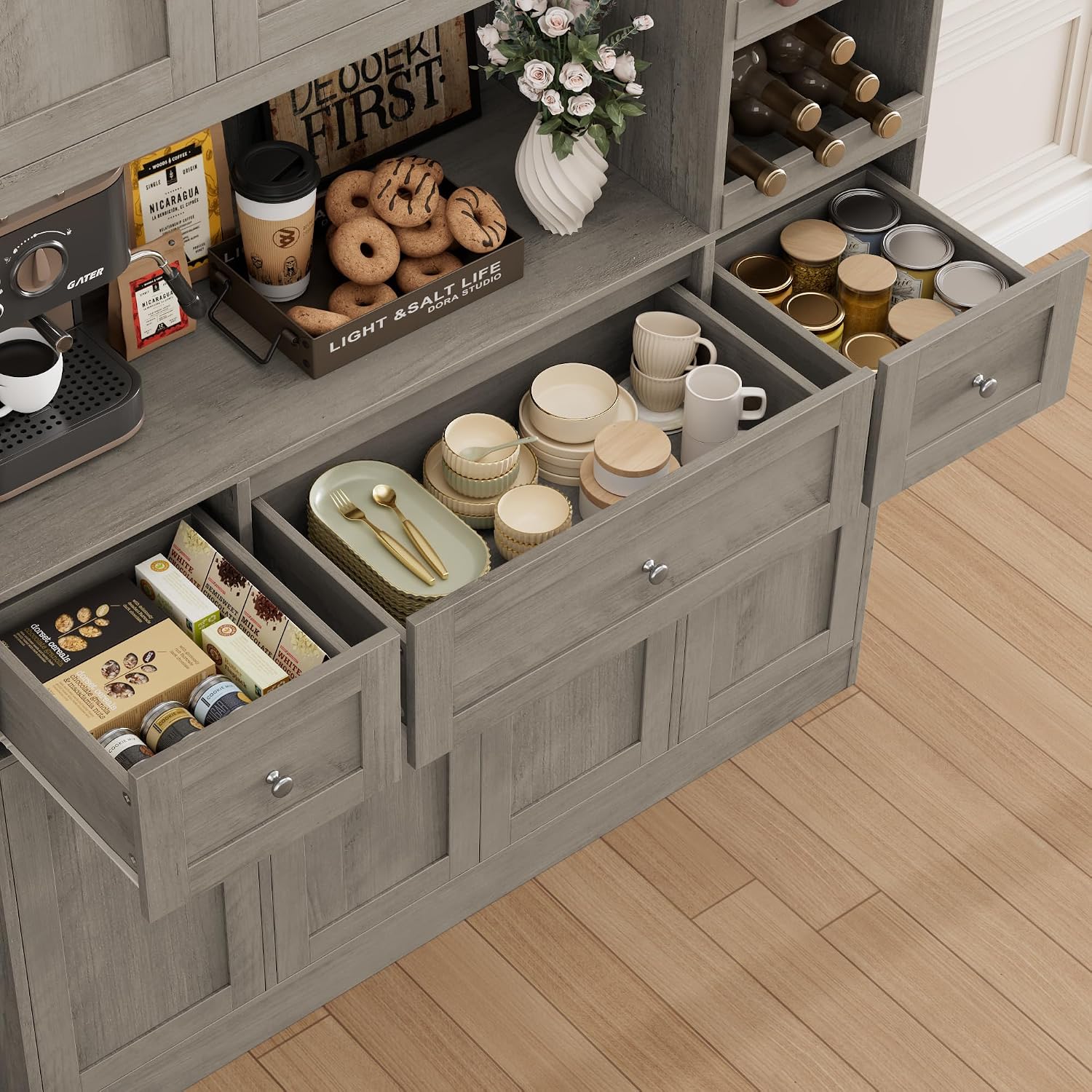 BOTLOG Pantry Organizers and Storage Cabinet, 72' Tall Kitchen Pantry Storage Cabinet with Microwave Stand, Wine Rack, Drawers and Adjustable Shelf for Dining Room, Living Room, Home BarAsh Grey