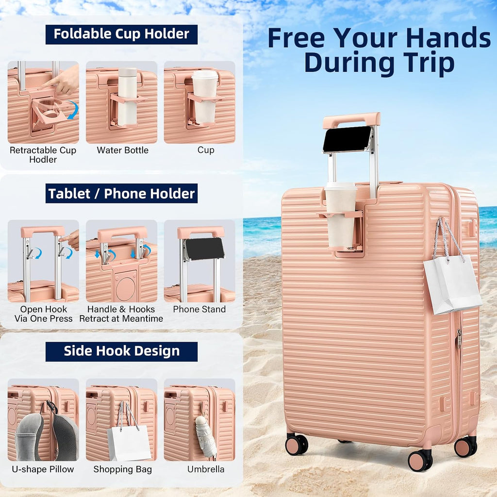 HanTrip Hard Shell Suitcases 28 Inch Large Checked Luggage with Spinner Wheels Cup Holder, Expandable Check in Luggage Lightweight Top Opening Luggage Big Rolling Suitcase with Lock, Pink