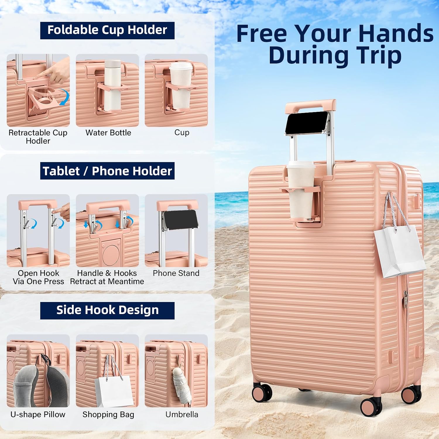 HanTrip Hard Shell Suitcases 28 Inch Large Checked Luggage with Spinner Wheels Cup Holder, Expandable Check in Luggage Lightweight Top Opening Luggage Big Rolling Suitcase with Lock, Pink