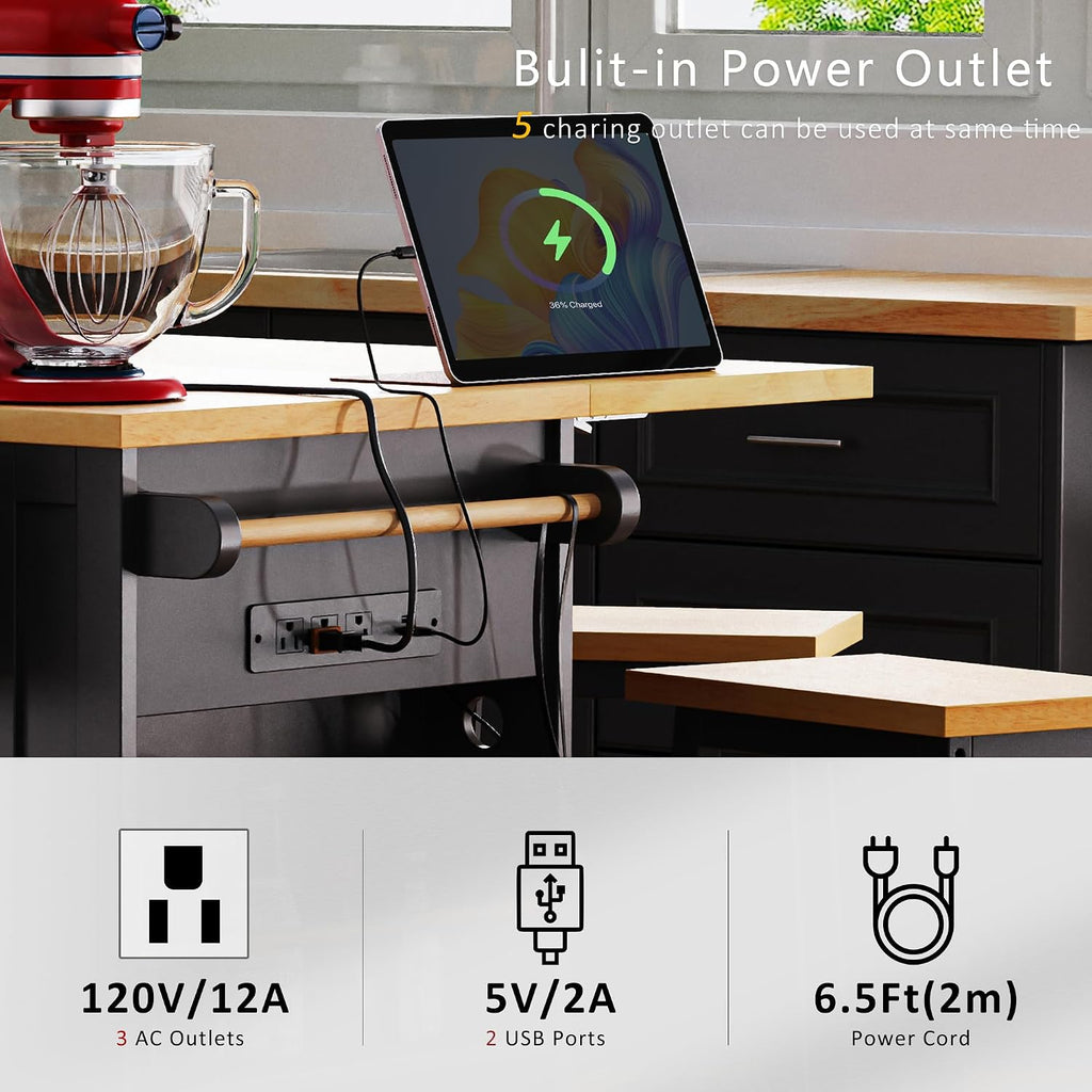 Classic Large Kitchen Island with Drop Leaf, Power Outlet, Door Internal Storage Rack, Rolling Kitchen Storage Cart on 5 Wheels with 5 Open Side Racks, 3 Drawers for Home, Dining Room (Black/Wheels)