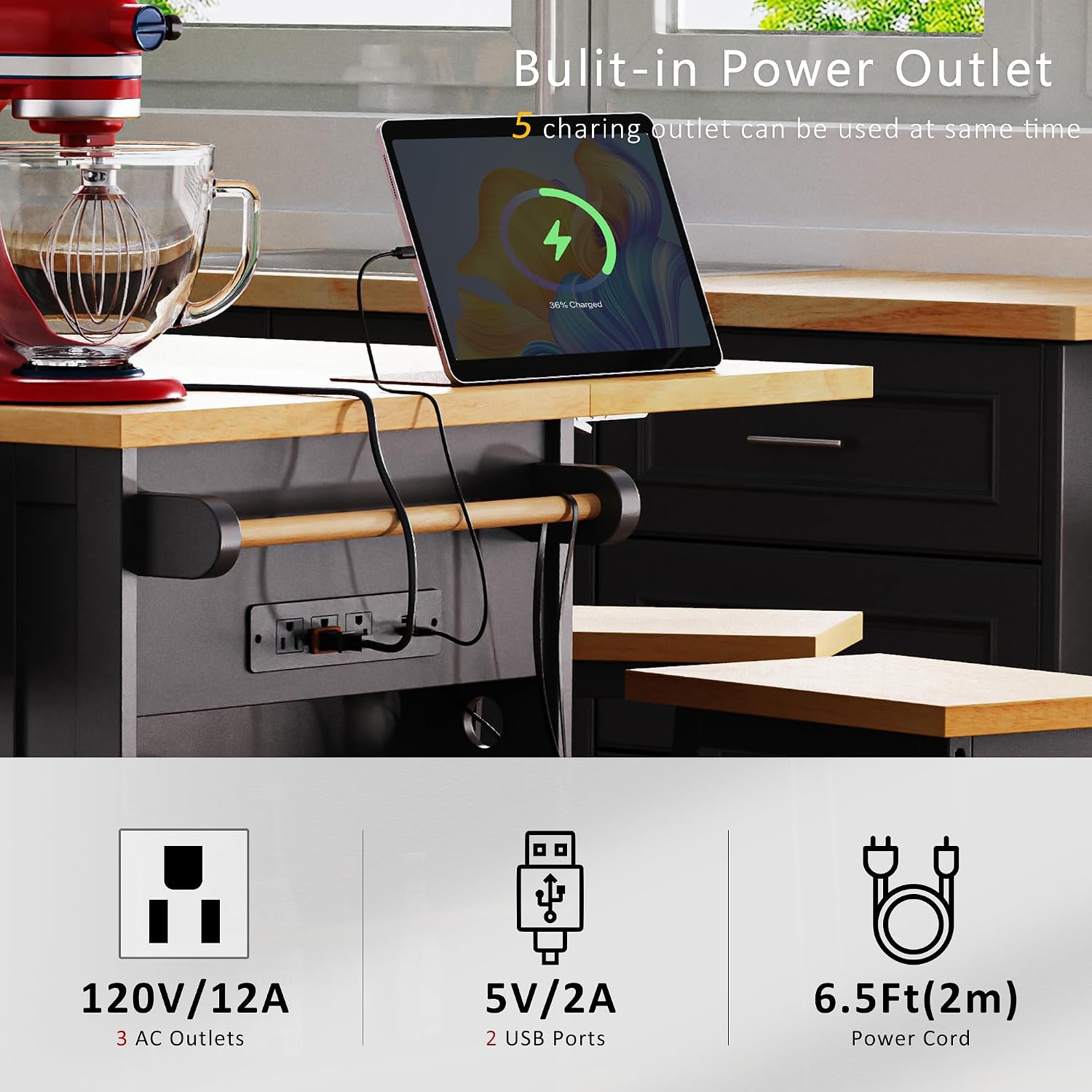 Classic Large Kitchen Island with Drop Leaf, Power Outlet, Door Internal Storage Rack, Rolling Kitchen Storage Cart on 5 Wheels with 5 Open Side Racks, 3 Drawers for Home, Dining Room (Black/Wheels)