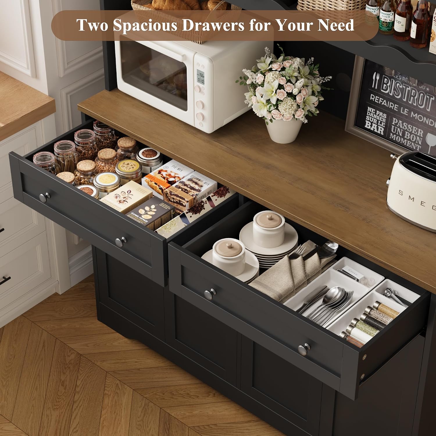 HOSTACK 75.4' Tall Kitchen Pantry Cabinet with Charging Station, Modern White Kitchen Hutch with Microwave Stand and Wine Rack, Large Food Pantry Storage Cabinet with Glass Doors and Drawers, Black