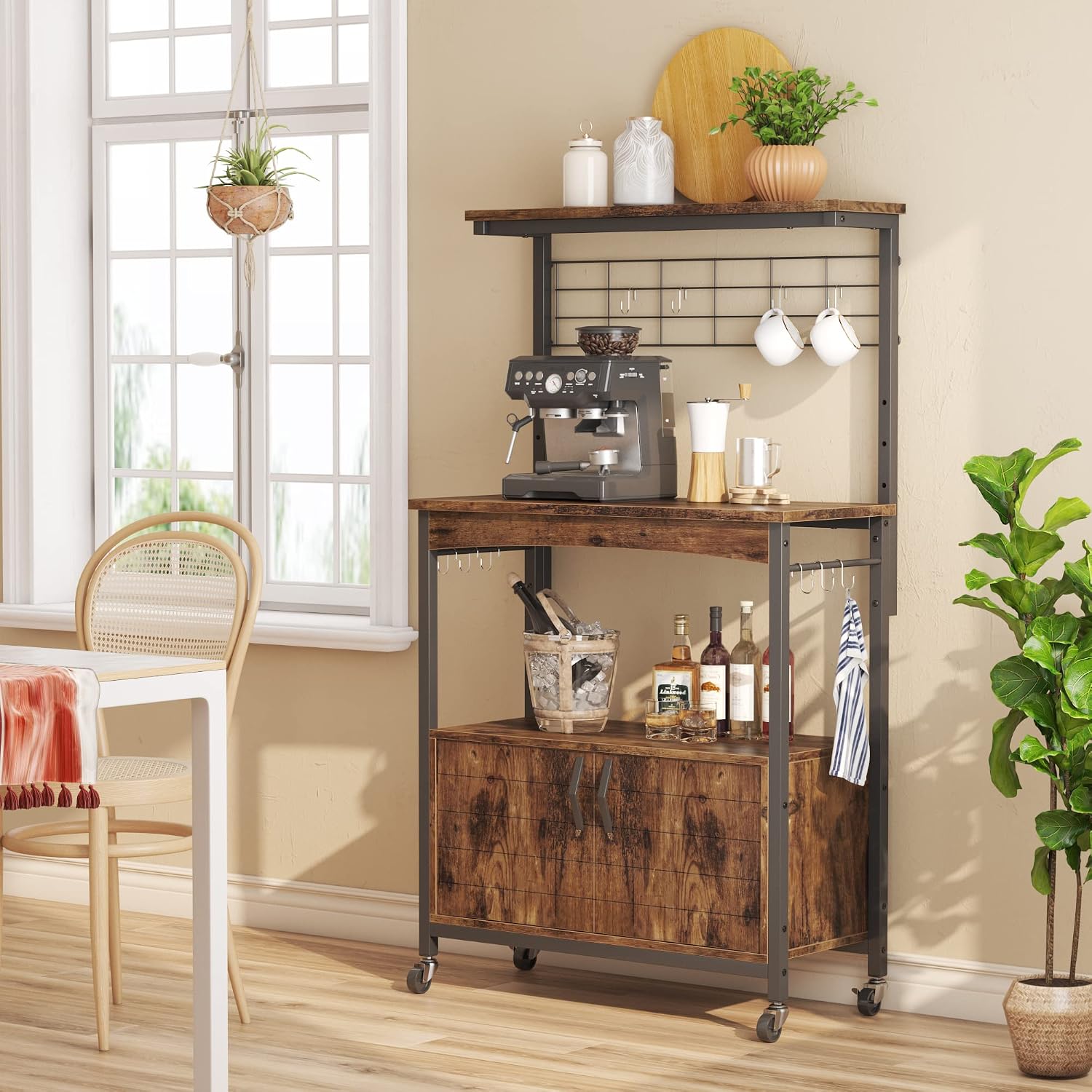 Bestier Bakers Racks with Storage Cabinet, Height-Adjustable 45' to 55' Microwave Stand for Kitchen with Wheels & Feet, Industrial Rolling Coffee Bar Shelf with 10 S-Hooks Rustic Brown