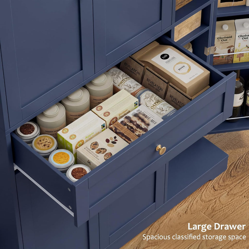 HOSTACK 68' Tall Kitchen Pantry Storage Cabinet, Modern Kitchen Hutch Cabinet with Doors and Shelves, Freestanding Food Pantry with Large Storage Drawer for Dining Room, Living Room, Navy Blue