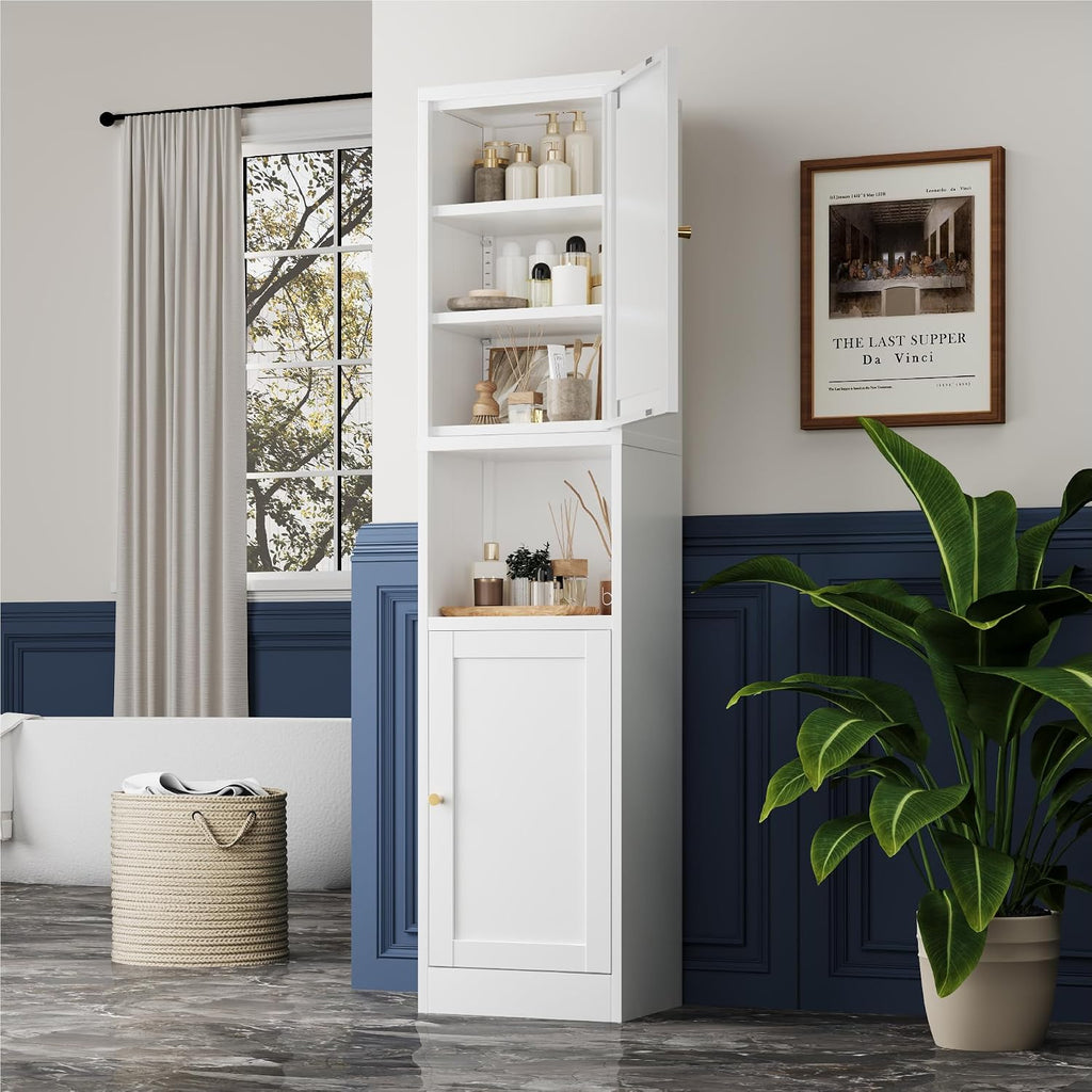 YAUWOH 2-Door Metal Storage Cabinet, Tall Slim Pantry Organizer with 3 Adjustable Shelves (120LBS/Shelf), Anti-Tipping Waterproof Cabinet for Bathroom/Kitchen/Home Office/Small Spaces, (1PC,White)