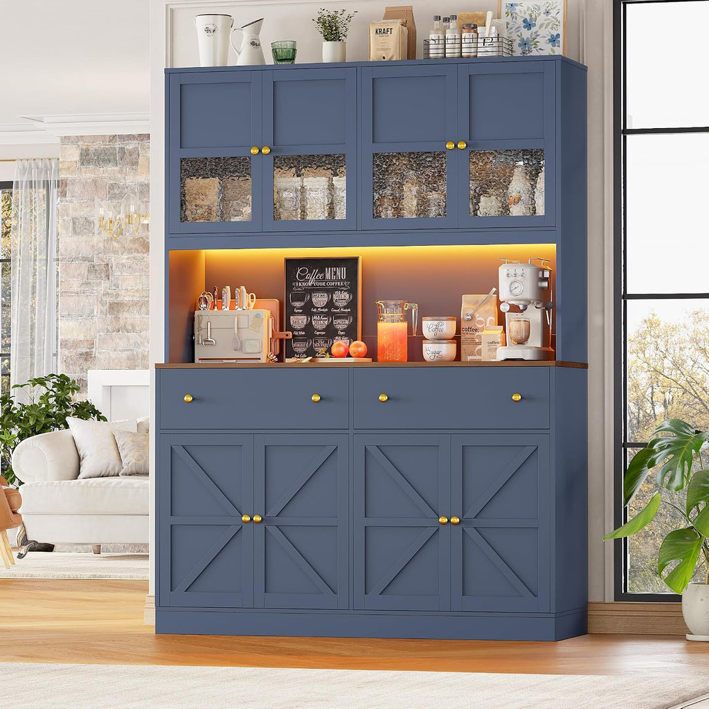 FINETONES 71' Pantry Cabinet with LED Light and Charging Station, Farmhouse Kitchen Pantry Cabinet with Microwave Stand, 47.2' Wide Kitchen Hutch Food Pantry with Open Countertop, Blue