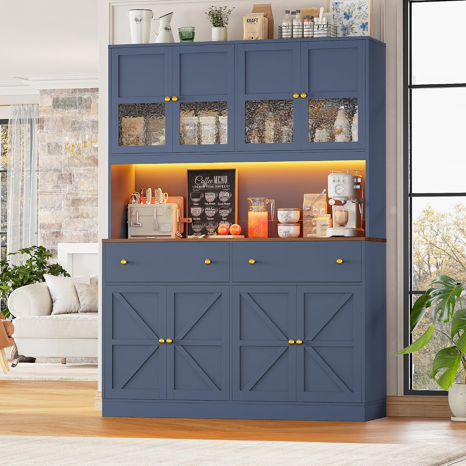 FINETONES 71' Pantry Cabinet with LED Light and Charging Station, Farmhouse Kitchen Pantry Cabinet with Microwave Stand, 47.2' Wide Kitchen Hutch Food Pantry with Open Countertop, Blue